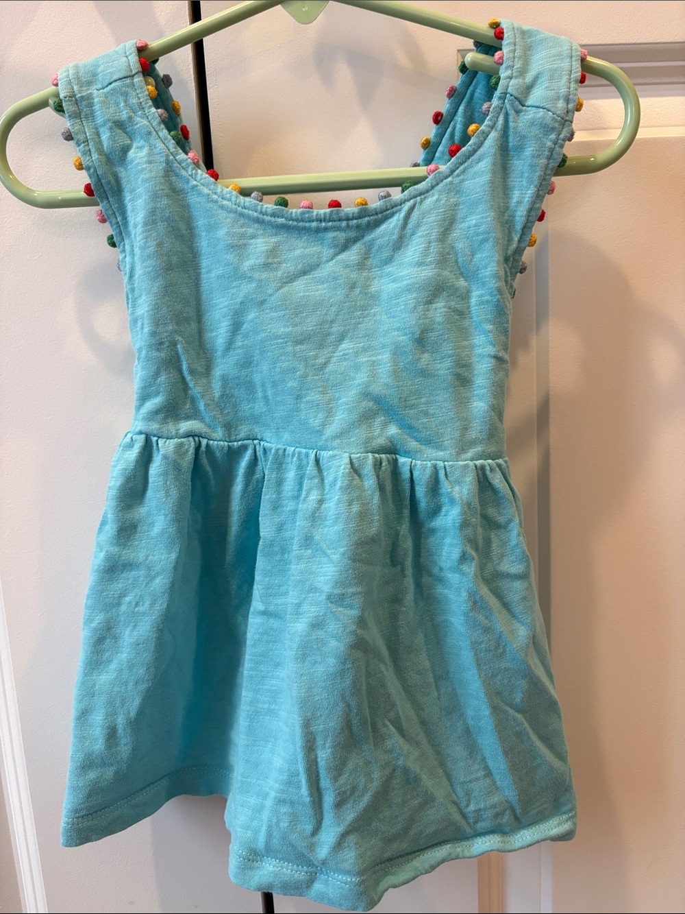Mini Boden Aqua Tank Top with Multicolor Pom Trim